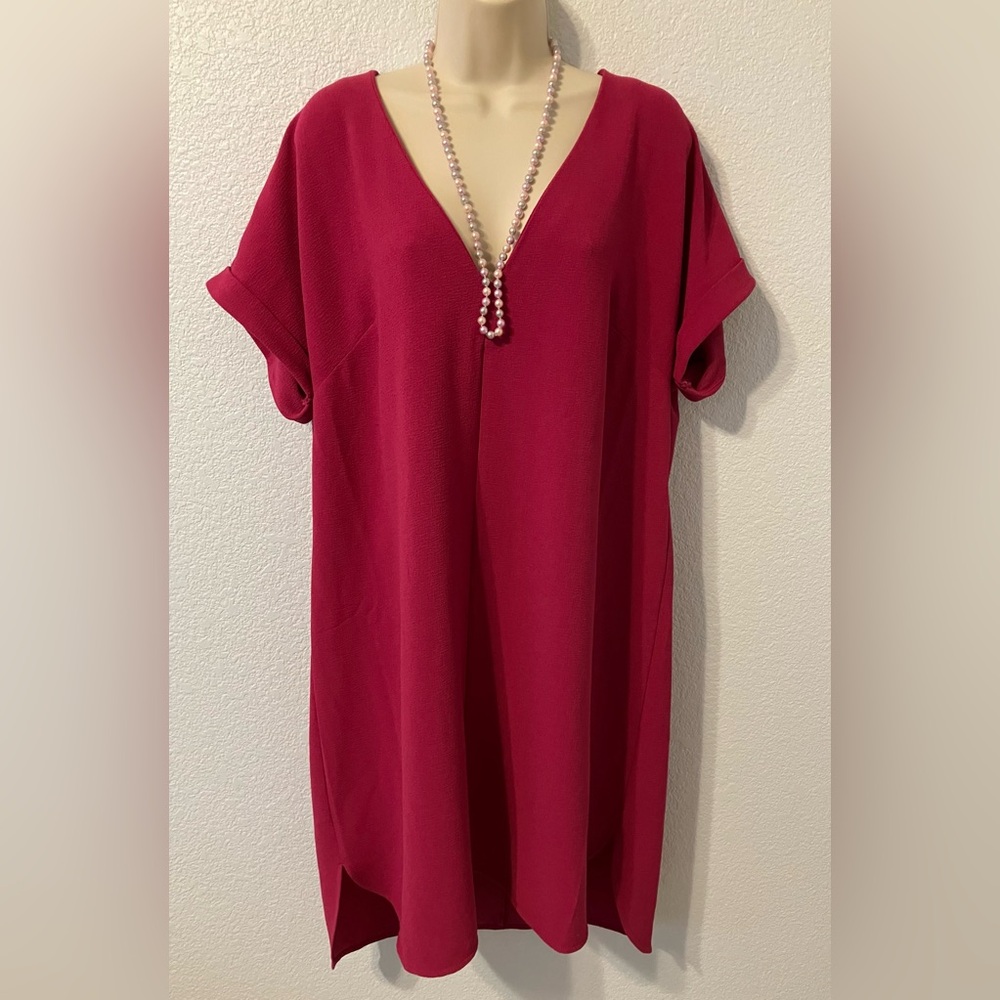 XL V-Neck Dress in Deep Pink Fuchsia with gold colored bead buttons by A New Day